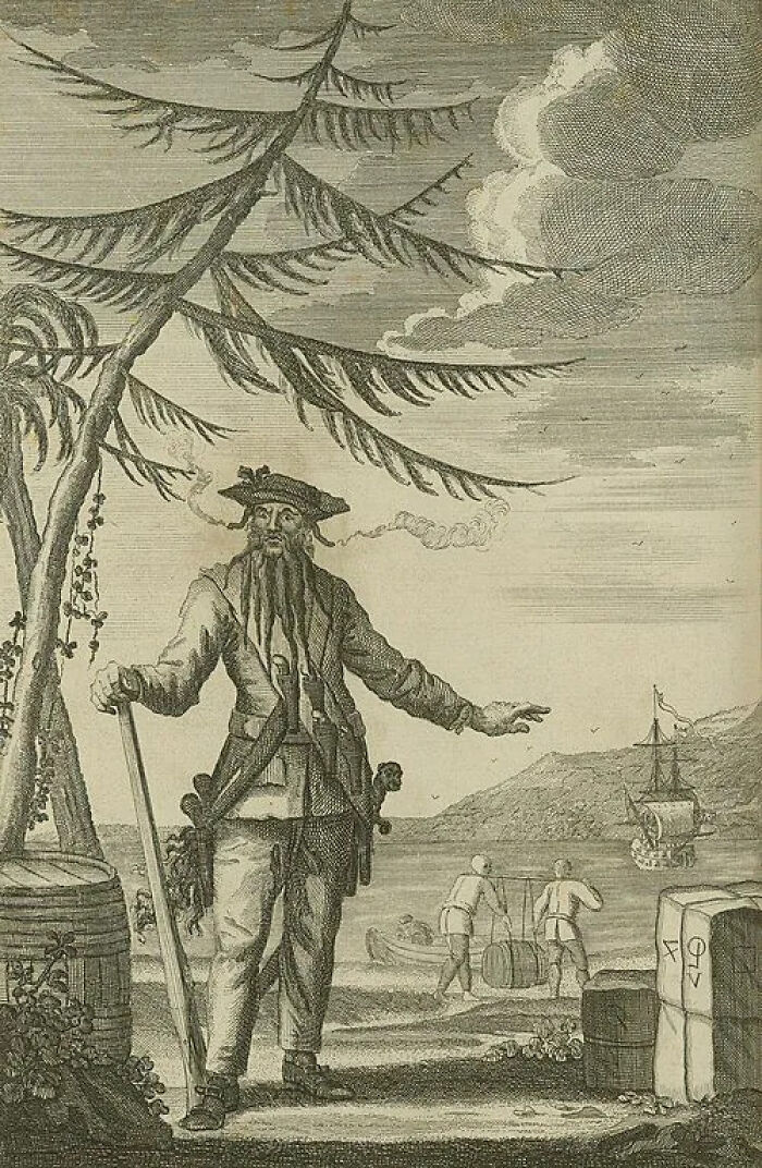 An old engraving of Blackbeard, a legendary pirate, standing on a beach with his ship and crew, symbolizing lost treasures.