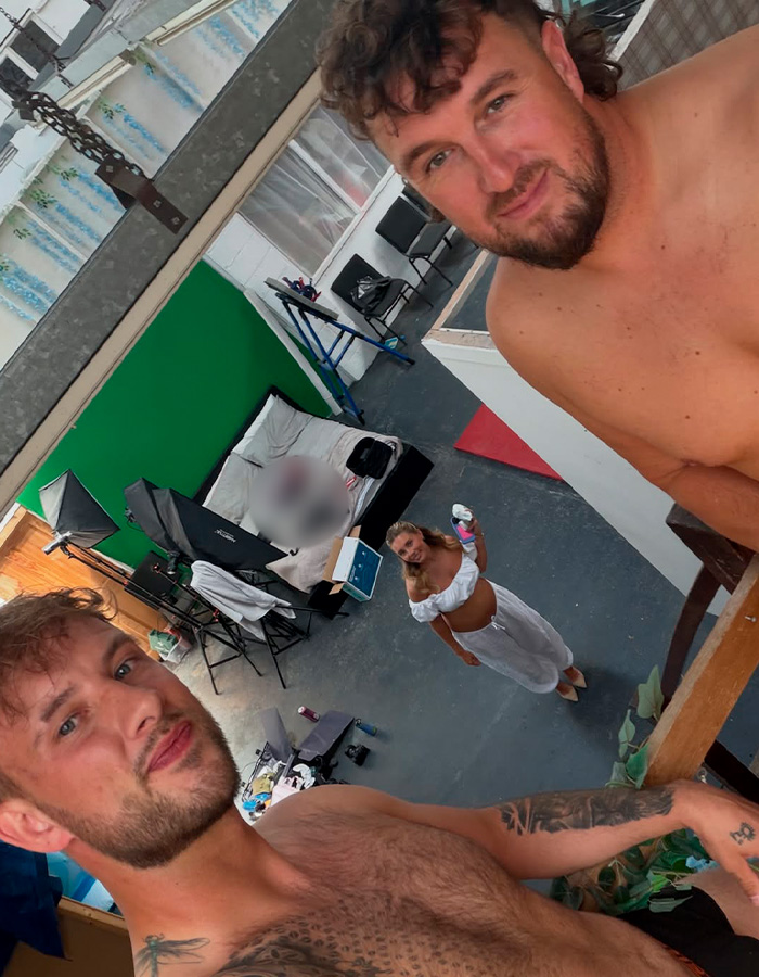 Shirtless men with pregnant woman at Bonnie Blue's baby shower