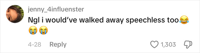 A social media comment from jenny_4influenster, expressing speechlessness over the Louis Vuitton bag situation.
