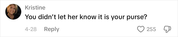 A social media comment from Kristine, asking why the owner didn't clarify it was her purse in the Louis Vuitton bag incident.