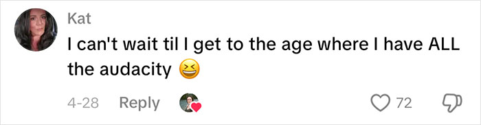 A social media comment from Kat about gaining more 'audacity' as she ages, relating to the Louis Vuitton bag incident.