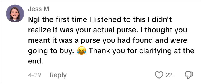 A social media comment from Jess M clarifying a misunderstanding about the actual Louis Vuitton bag mentioned.
