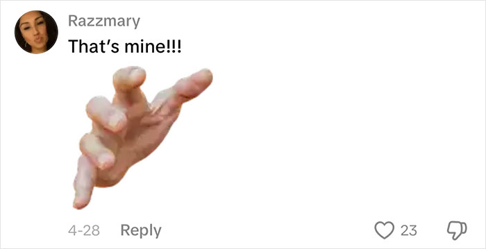 Razzmary's social media comment claiming 'That's mine!!!' with an image of a hand reaching out, regarding the Louis Vuitton bag.