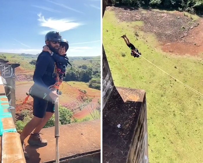 Rope jumper strapped in and jumping from height in accident footage Rope jumper strapped in and jumping from height in accident footage