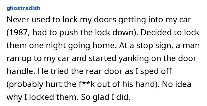 A Reddit post about real-life stories showing gut feelings about locking car doors, preventing an attack.