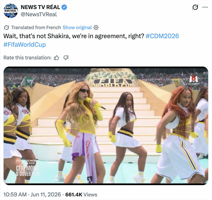 Screenshot of social media post questioning Shakira's appearance at World Cup 2026