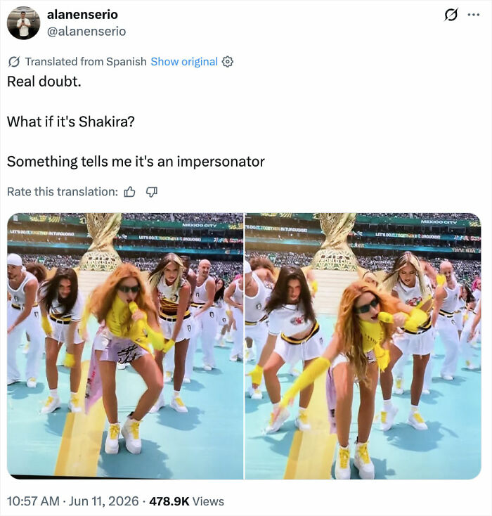 Tweet questioning if the World Cup performer is Shakira or an impersonator