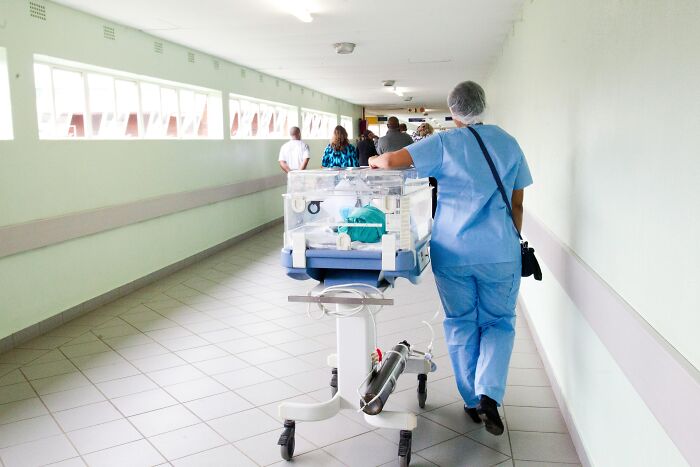 Medical professional in scrubs transporting neonatal incubator down hospital corridor