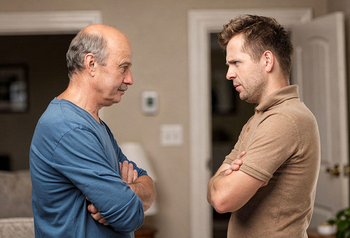 An older man and a younger man confront each other, arms crossed, regarding family vacation plans. An older man and a younger man confront each other, arms crossed, regarding family vacation plans.