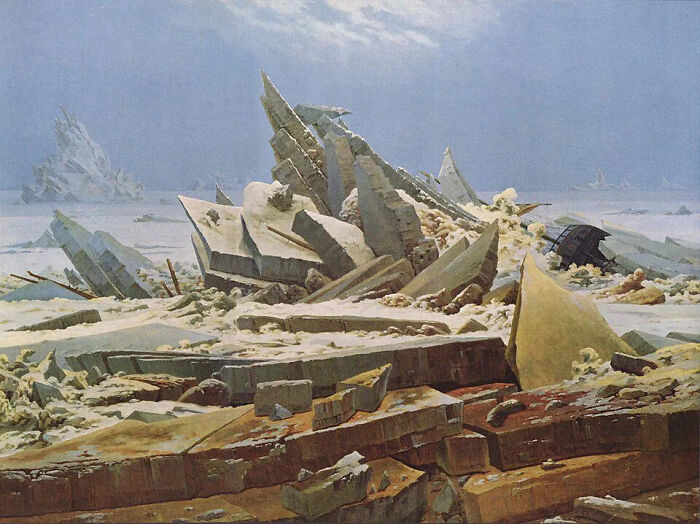 A painting of a shipwreck amidst a desolate ice landscape, illustrating a lost treasure from history.