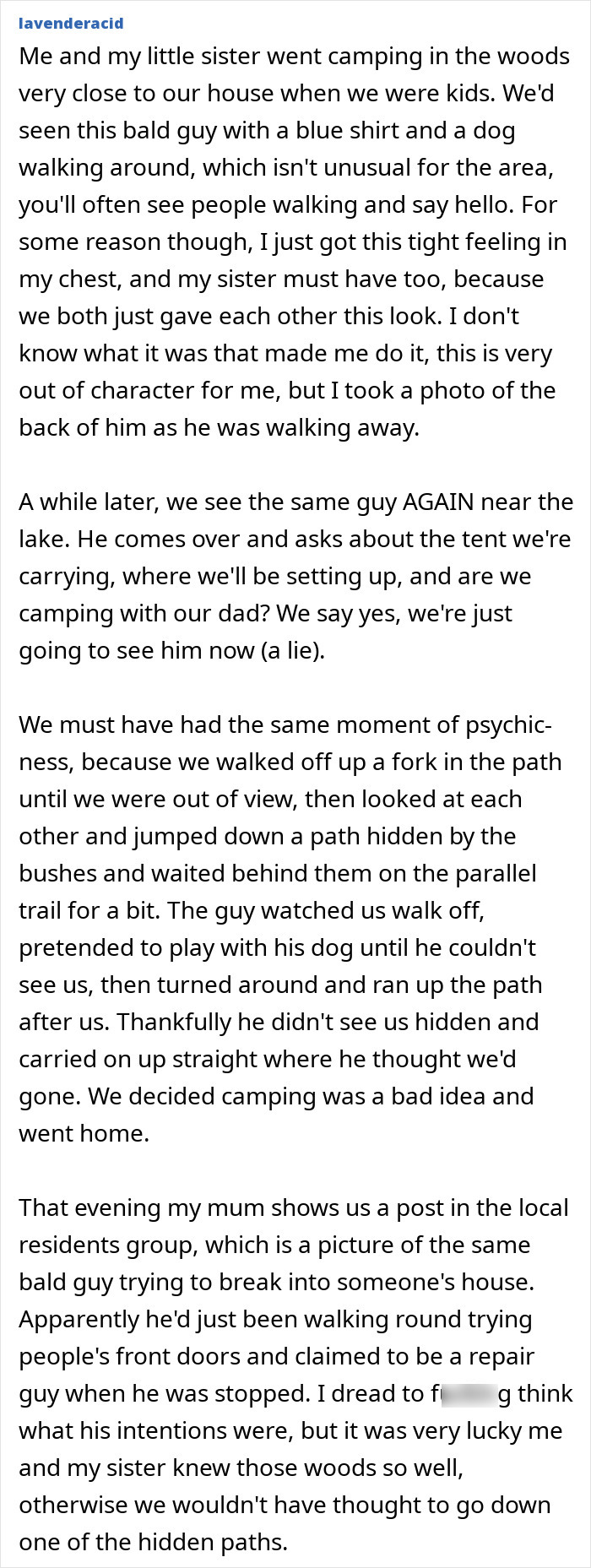 A girl and her sister camping experience demonstrates gut feelings and real-life stories.