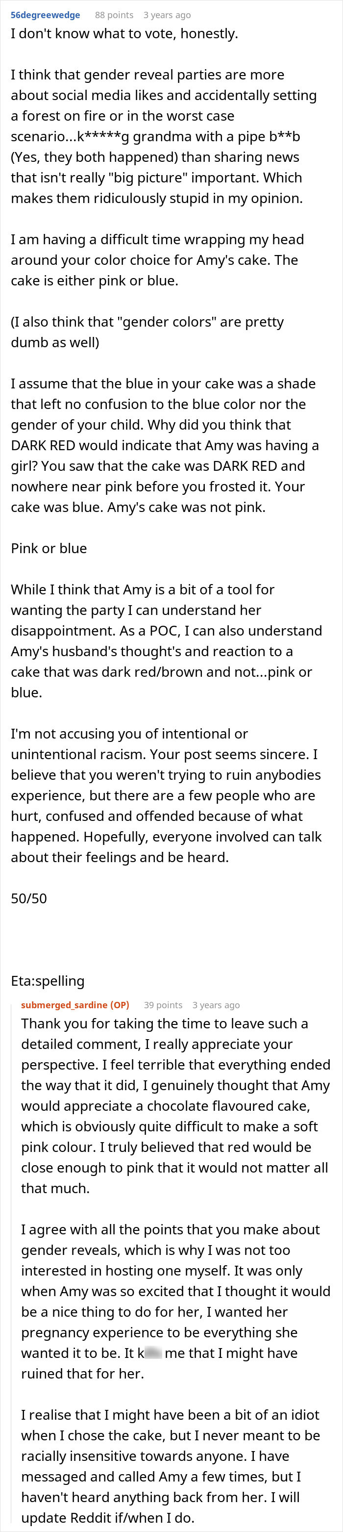 Reddit comment discussing gender reveal cake color controversy Reddit comment discussing gender reveal cake color controversy