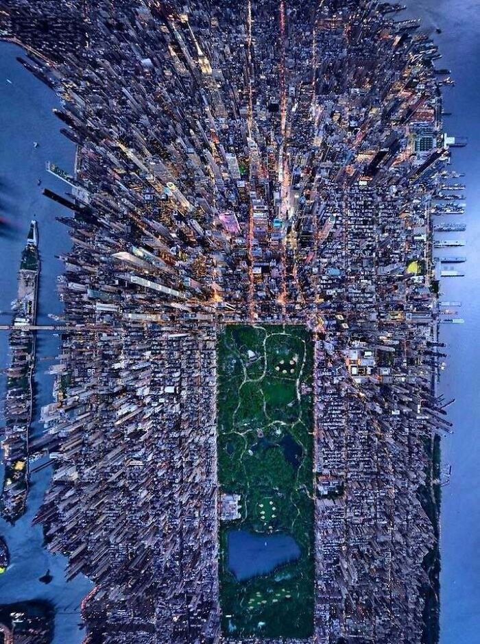 An impossible to explain aerial view of New York City and Central Park.
