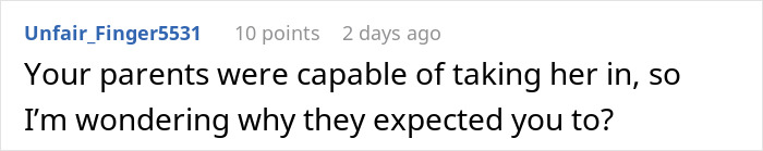 Comment questioning parents' expectation to take in homeless sister