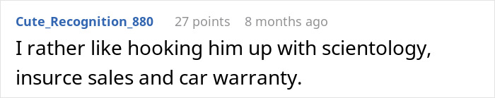 Screenshot of a Reddit comment suggesting to embarrass an ex for breaking up with a woman by signing him up for unwanted services.