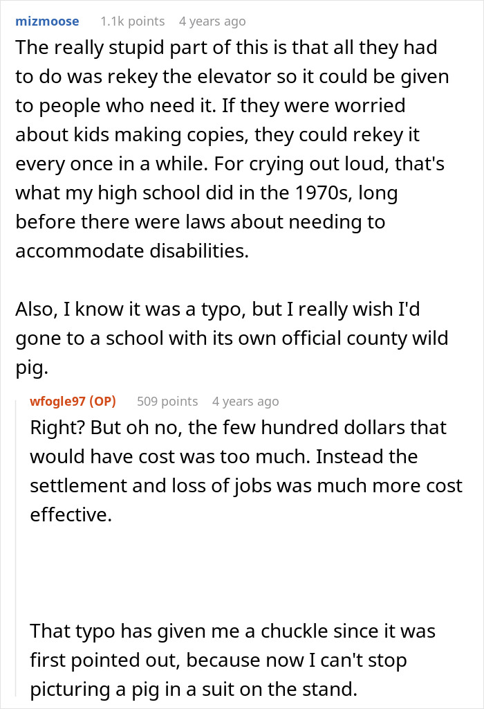 Reddit discussion about the school's failure to provide an elevator key to a disabled teen.