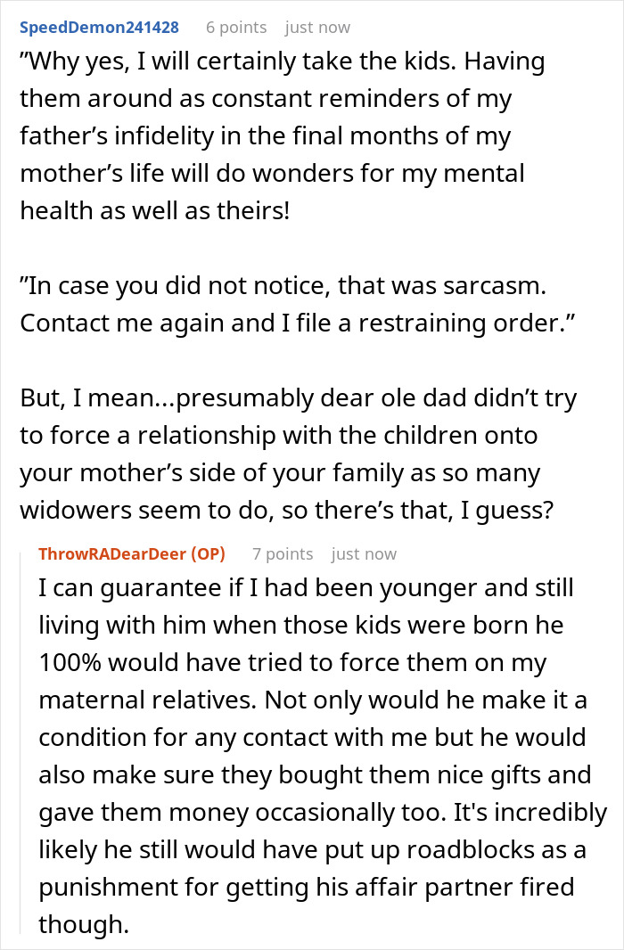 Sarcastic comment on father's infidelity and half siblings Sarcastic comment on father's infidelity and half siblings