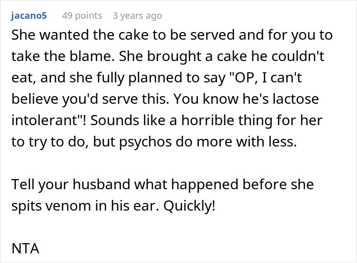 Comment explaining MIL's motives with lactose intolerant son's birthday cake