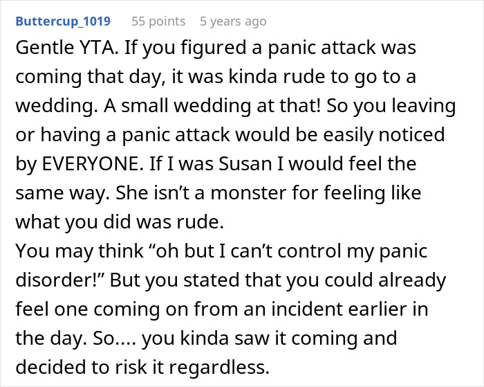 Comment saying man was rude for risking panic attack at small wedding Comment saying man was rude for risking panic attack at small wedding