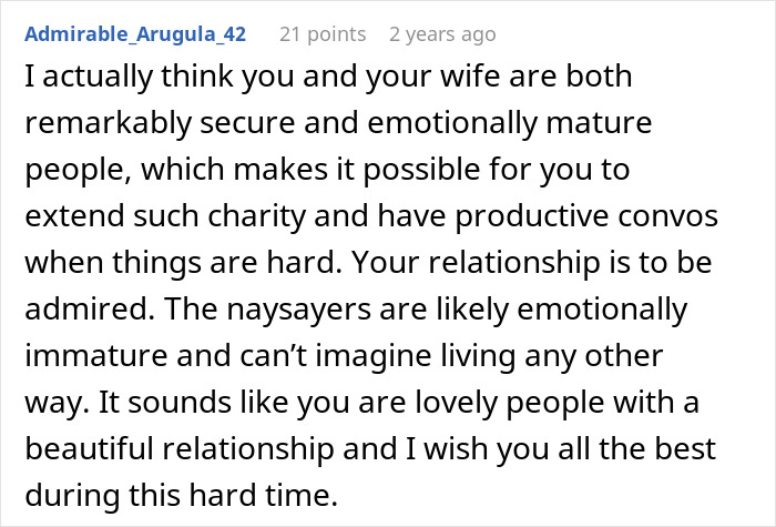 A comment on the husband's accident and marriage ending, admiring the secure and emotionally mature relationship.