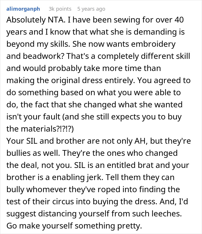 Experienced sewer criticizes SIL demanding embroidery and beadwork on dress