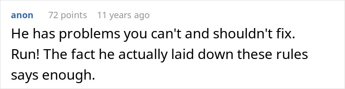 A screenshot of a comment from an anonymous user advising to run from a toxic guy because of his rules.