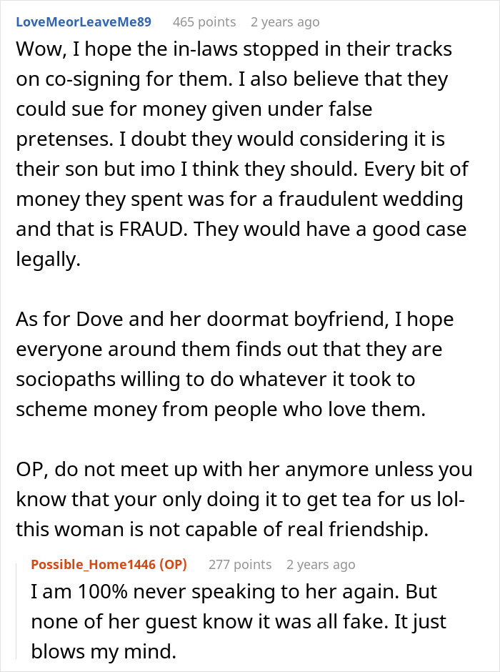 Commenter discusses legal fraud concerns over bride's wedding and co-signing scheme