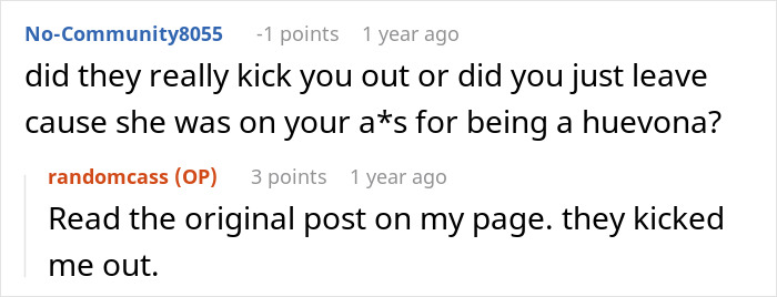 Screenshot of online comments discussing a woman told to leave home after refusing to follow a rule.