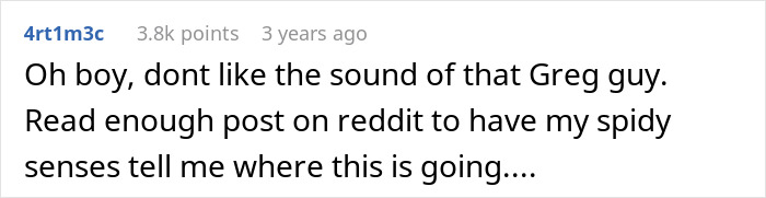 Reddit comment expressing distrust about a person named Greg in gender reveal story Reddit comment expressing distrust about a person named Greg in gender reveal story