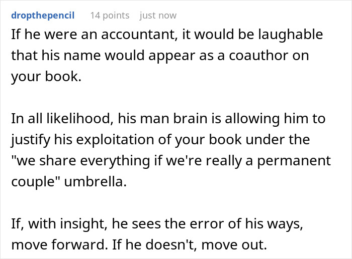 A Reddit comment discussing a guy wanting his name on author GF's book and exploiting the situation.