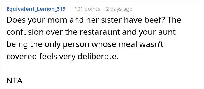 A user comment questioning if there's an issue between mom and her sister, related to hijacked birthday plans. A user comment questioning if there's an issue between mom and her sister, related to hijacked birthday plans.