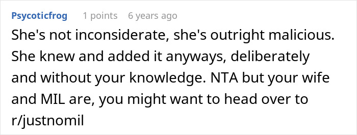 Reddit comment calling MIL malicious for using allergenic ingredients deliberately