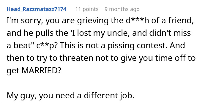 Comment criticizing boss for insensitivity toward grieving employee in harsh messages Comment criticizing boss for insensitivity toward grieving employee in harsh messages