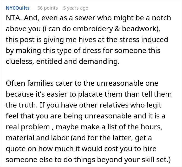 Sewer's stress about making elaborate wedding dress for entitled SIL