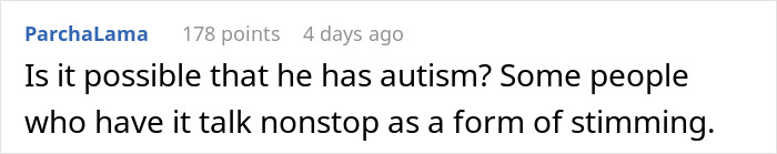 A comment asking if a talkative fiancé has autism, suggesting talking nonstop as a form of stimming. A comment asking if a talkative fiancé has autism, suggesting talking nonstop as a form of stimming.
