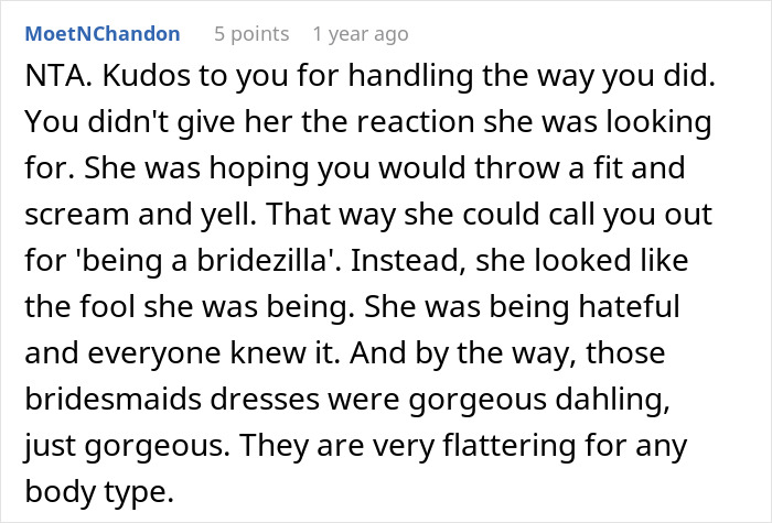 A detailed comment praising the bride for handling her MIL at the son's wedding in white.