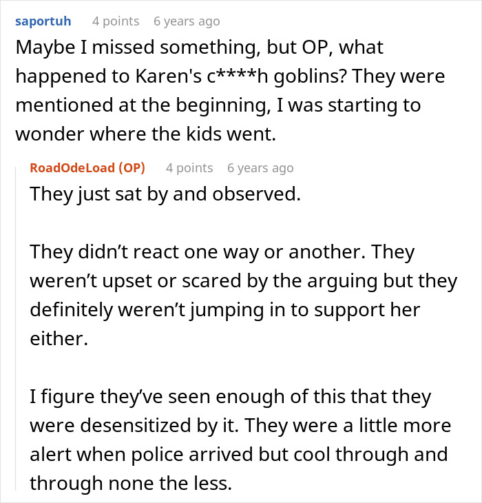 A Reddit comment from saportuh asking about Karen's children and their reaction to the pregnant woman working in a pub.