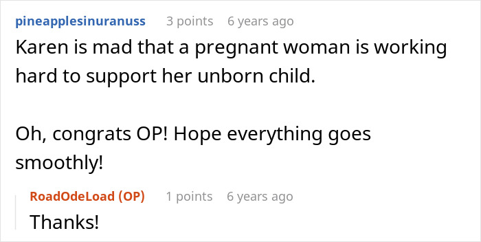 Reddit comment supporting the pregnant woman working in a pub and criticizing the religious fanatics for calling the cops.