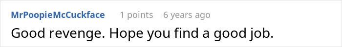 Screenshot of a Reddit comment by MrPoopieMcCuckface wishing good revenge and a good job after a restaurant scam.