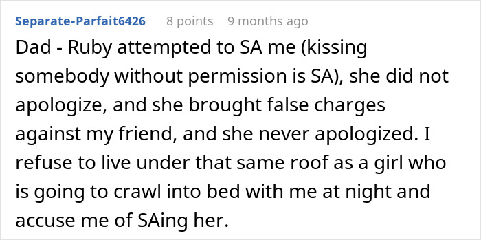 A screenshot showing a comment from a teen who ditched home after dad let GF move in with her creepy daughter.
