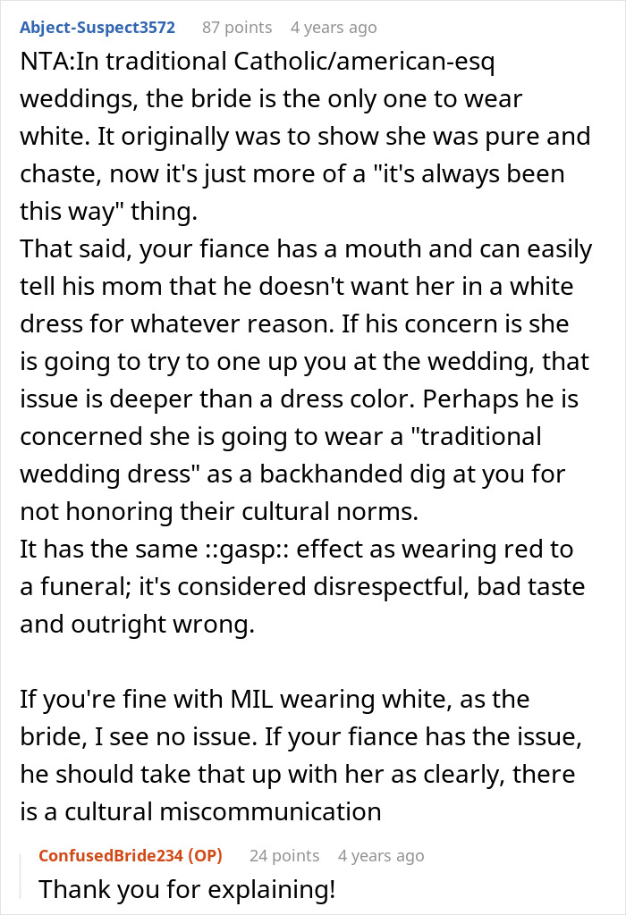 Woman Confused About Fiancé's Reaction To His Mom’s Dress For Their Wedding, He Comes To Explain Woman Confused About Fiancé's Reaction To His Mom’s Dress For Their Wedding, He Comes To Explain