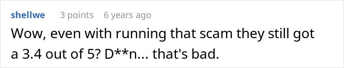 Screenshot of a Reddit comment by shellwe about a restaurant scam, mentioning a low rating of 3.4 out of 5.