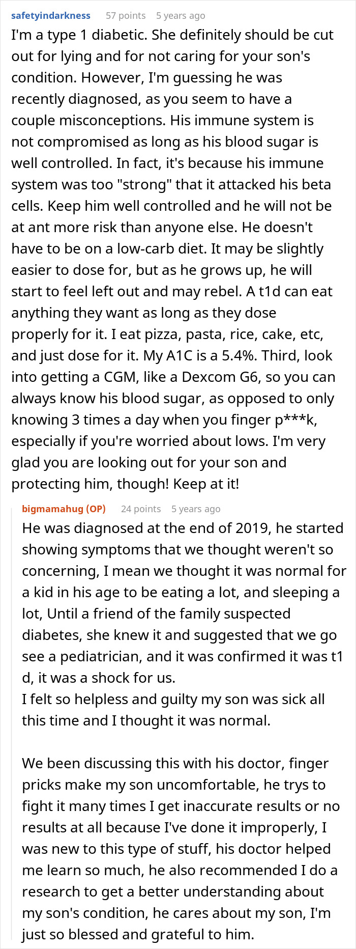Detailed Reddit comments from a type 1 diabetic about monitoring blood sugar and the MIL's misconceptions about insulin.