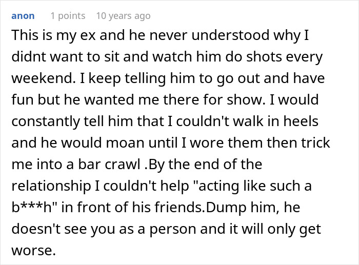 A comment from an ex describing a bad bar crawl experience with her introverted self and a past partner. A comment from an ex describing a bad bar crawl experience with her introverted self and a past partner.