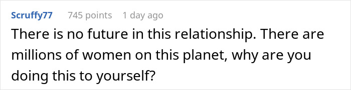 A screenshot of a comment about an open marriage, suggesting there is no future and encouraging divorce. A screenshot of a comment about an open marriage, suggesting there is no future and encouraging divorce.