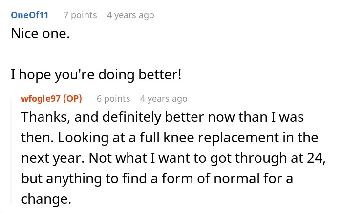 A screenshot of a positive comment and a reply about a disabled teen's recovery and upcoming knee replacement.