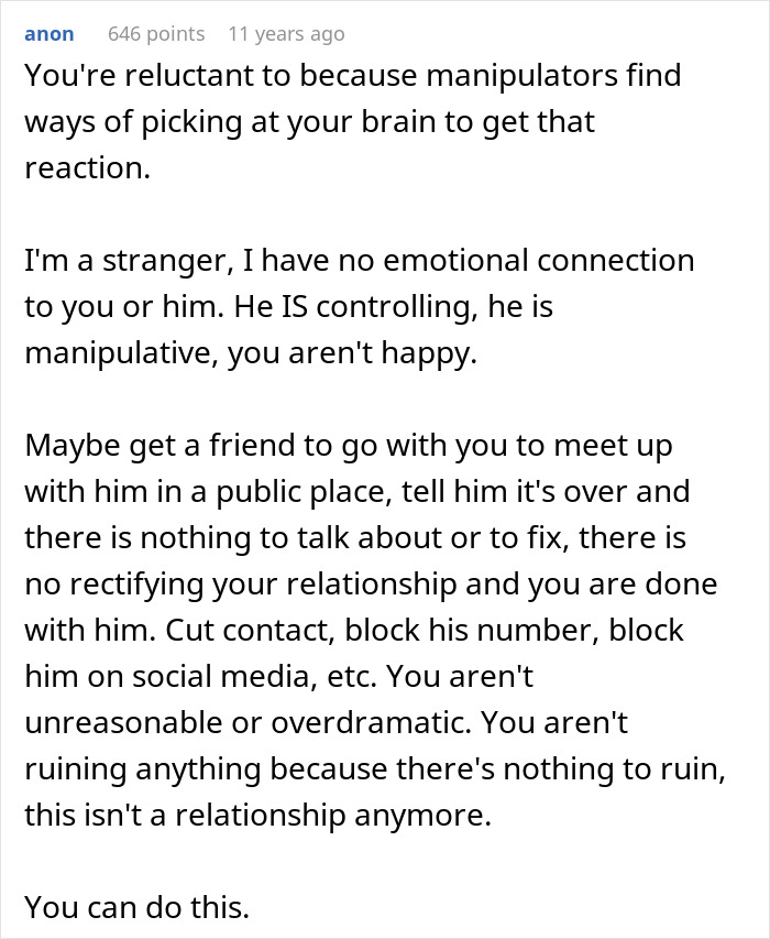 A Reddit comment encouraging the girlfriend to end things with the toxic guy.
