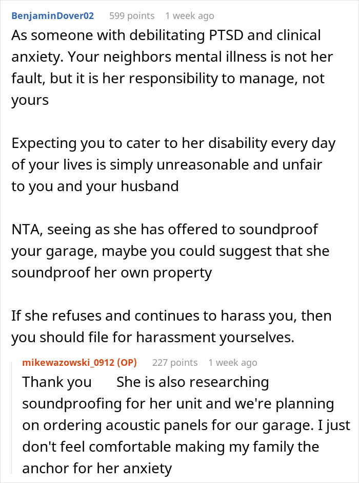 User explains an anxious neighbor's mental illness isn't the couple's responsibility to manage regarding car complaints. User explains an anxious neighbor's mental illness isn't the couple's responsibility to manage regarding car complaints.