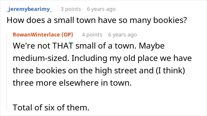 A conversation about the number of bookies in a town, connecting to the story of the guy taking down a company.