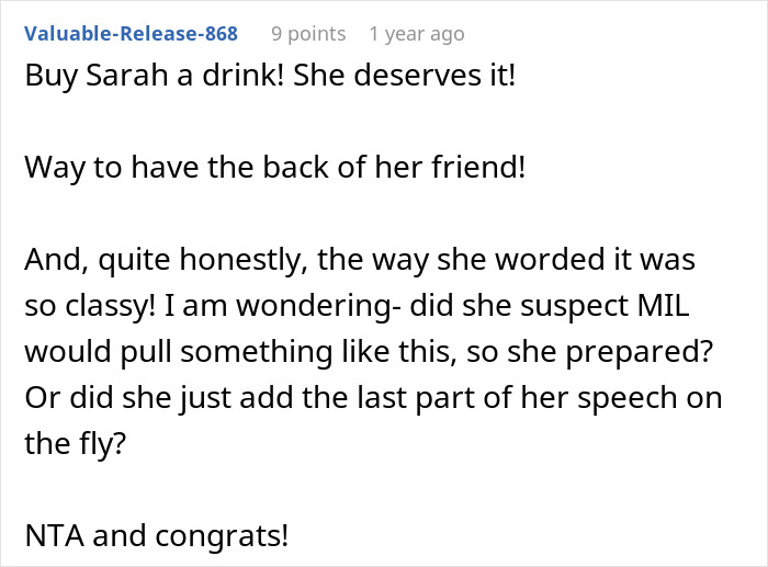 A comment praising Sarah for her support towards the bride dealing with the mother-in-law at the son's wedding.